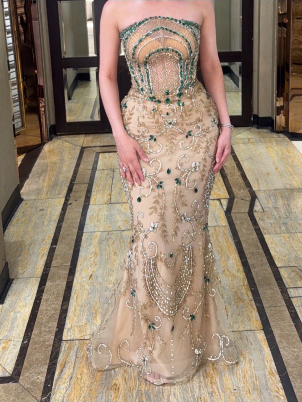 Strapless Beaded Evening Gown in Champagne with Emerald Accents